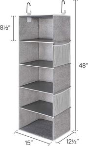 5-<b>Shelf</b> Hanging <b>Shelves</b> for Closet, Foldable Hanging Closet Organizers with 2 Side Pockets, Portable Clothes Organizers - Product Image 3