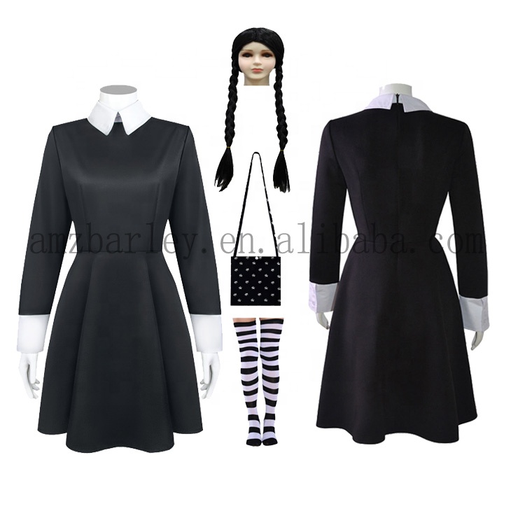 Платье для телефильмов, среда, платье Аддамс, семейный костюм для детской вечеринки, костюм для представлений на Хэллоуин, носки, сумка и парик