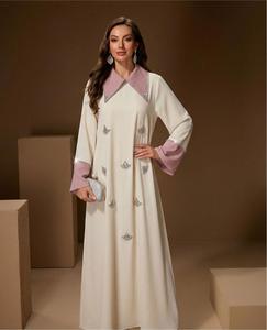 Abaya personnalisée Leduo, nouveau style 2026, décorée de perles, pour femmes musulmanes, col contrasté rose, pour toutes les occasions - Product Image 2
