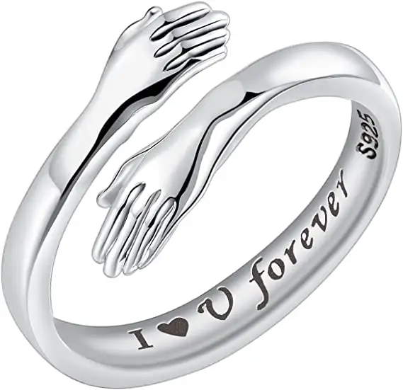 Sterling Silver Hug Rings for Women Silver Hugging Hands Open Promise Ring Jewelry Hug Hands Couples Wedding Bands