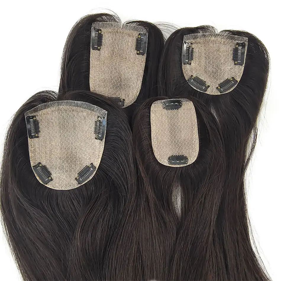 Topper per capelli umani con Base In seta vergine europea al 100% all'ingrosso 4 clip In parrucchino per capelli con Base In pelle superiore In seta per parrucchino da donna bianco