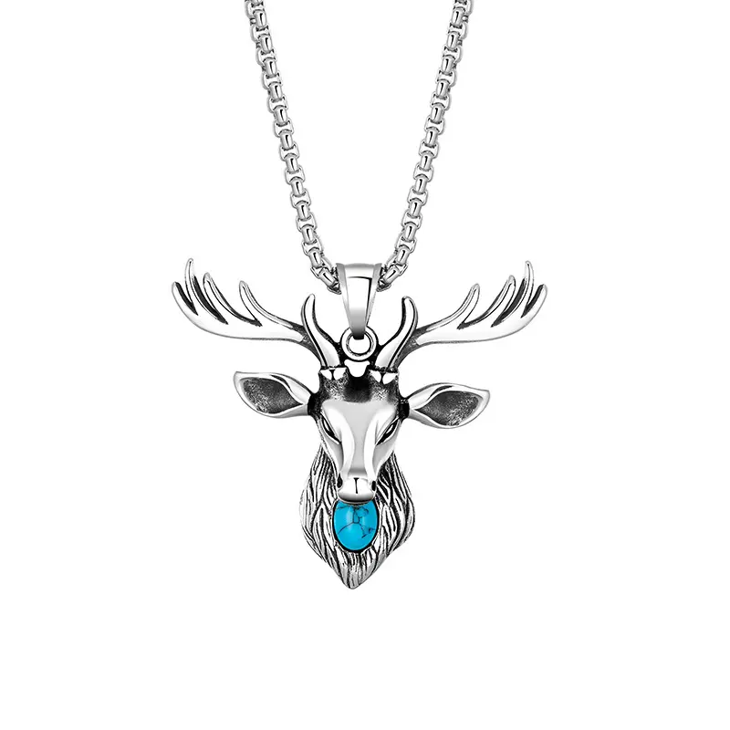 Factory Price Stainless Steel Titanium Vintage Turquoise Elk Deer Charm Pendant Necklace For Women Men Fashion Jewelry