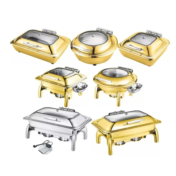 Luxury Vàng Màu Cưới Thép Không Gỉ Brass Phục Vụ Đầu Bếp Chafing Món Ăn Ấm Hơn Chafing Món Ăn Đồng Vàng Buffet Set Pan