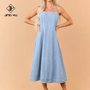New fashionable square neck <b>loose</b>-<b>fitting</b> washed color-blocked midi <b>dress</b> custom-made 100% cotton denim <b>dress</b> - Product Image 1