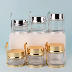 Empty 30g 50g 80g clear cream jar with uv silver/golden cap Bottom tray and spoon cosmetic glass container