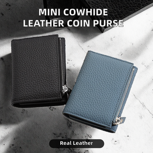 2026 Fashionable Wholesale Custom 100% Genuine Leather Zipper <b>Wallet</b> Short Unisex Minimalist <b>RFID</b> Blocking Daily Use Black Blue - Product Image 2
