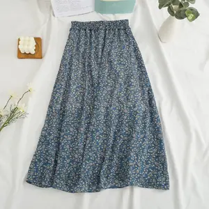Falda de gasa elástica de cintura alta para mujer, falda informal por debajo de la rodilla para playa, de verano, con estampado Floral Vintage