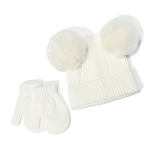 Double Pompom Knit Ribbed Kids Beanie Baby Hat <strong>Hand</strong> <strong>Gloves</strong> Set - Product Image 3