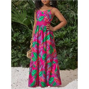 Tropical Print Cami Dress <b>Spaghetti</b> Strap Elastic Waist Tiered Split Thigh Vacation Flowy <b>Long</b> Dress Women Casual - Product Image 2