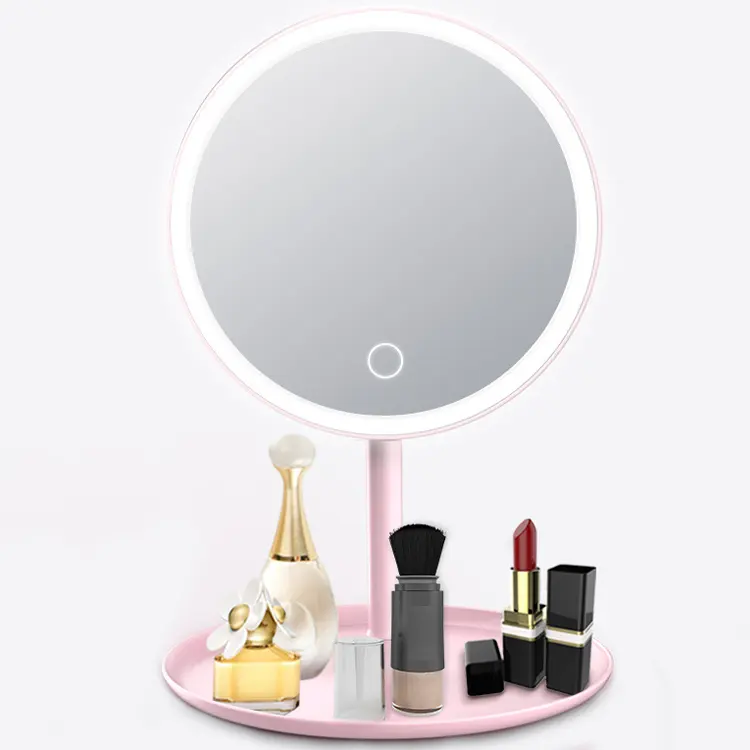 2023 miroir de maquillage LED rond à Logo personnalisé, simple face avec organisateur de plateau de rangement