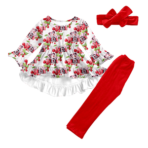 Ensemble robe et tenue pour fillettes en soie de lait, haut tunique imprimé à manches volantées en dentelle, leggings à volants, robe tourbillon, vêtements pour enfants - Product Image 2