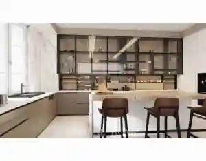 Gabinete de cocina de apartamento de grano de madera pura moderno personalizado precio asequible de madera clásica Dorene 2024 diseño moderno