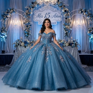 Robe de bal de Quinceañera Jancember en dentelle florale bleu ardoise avec appliques, décolleté cœur, épaules dénudées, ornée de perles et de cristaux, jupe en tulle pleine longueur - Product Image 1