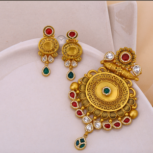 Conjunto de collar con colgante étnico de oro de 22k con piedras rojas y verdes, diseño de flor, para mujer, joyería de boda - Product Image 3