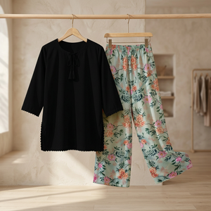 Ensemble coordonné basique 2 pièces MUZANG pour femme en crêpe de lin pur respirant, manches trois-quarts décontractées pour le printemps/été - Product Image 2