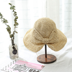 New Women butterfly Bow Wholesale <b>Straw</b> Hats for Women Summer Wide Brim Foldable Sun Shade Cap - Product Image 2