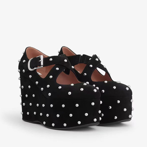 Metal Studded Thick Platform Shoes Women's Suede High Wedge Heels Retro Round Toe Buckle Straps <b>Sandals</b> - Product Image 3