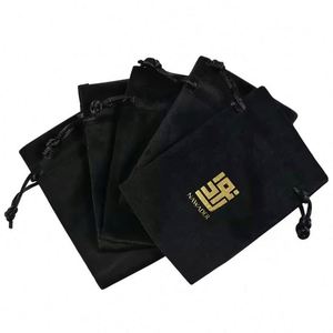 Pochette de rangement en velours noir de luxe recyclable avec cordon de serrage, emballage cadeau pour bijoux avec logo doré personnalisé, réutilisable, en flanelle douce - Product Image 3