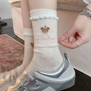 Chaussettes amples mi-mollet pour femmes, fines, respirantes, absorbant la transpiration, motif ours d'anime, pour jeunes, printemps et été - Product Image 1