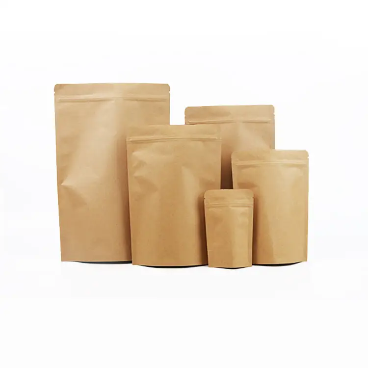Fábrica al por mayor Embalaje de alimentos Doypack Bolsa de pie Bolsa de papel Kraft marrón liso con cierre de cremallera para merienda de té