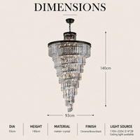 Lustre élégant en cristal pyramidal à dessus rond, avec pendentifs en bandes de cristal à plusieurs niveaux, pour l'éclairage des escaliers et des halls de duplex
