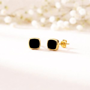 Minimalist Black Obsidian Flat Cushion <b>Stud</b> Earrings Double Sided Flat Natural Gemstone In 925 <b>Sterling</b> <b>Silver</b> Or 18K Gold - Product Image 2