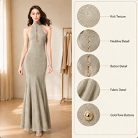 Nouvelle Robe Longue Tricotée Droite et Ajustée, Col Montant, Sans Manches, Unie, Creuse, Boutonnée, Extensible, Style Club Élégant et Sexy, Collection Automne