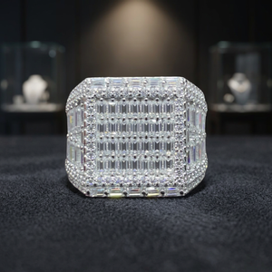 Luxury Siver <b>Cocktail</b> <b>Ring</b> With Baguette Cut Diamonds Geometric Pave Setting Unisex Fine Jewelry From India - Product Image 4