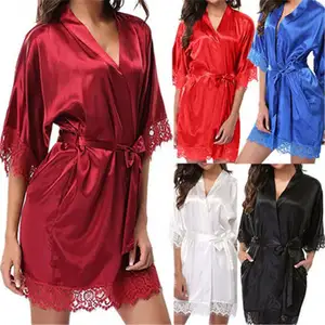 New Women Nightdress Satin Lace Sexy Sleepwear Lingerie Night Mini Solid Dress V Neck Nightgown Bath Robe Gown Nuisette