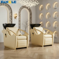Fauteuil de Barbier en Acier Inoxydable Doré avec Massage et Rehausseur Électrique pour les Jambes, Lit de Lavage Personnalisable, Bac en Céramique Noir
