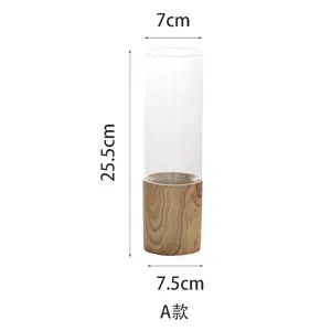 Unique Nordic Luxury Wood Grain Cement Stand Transparent Clear Flower Vases Cylinder Table Glass Vase For Home Decor