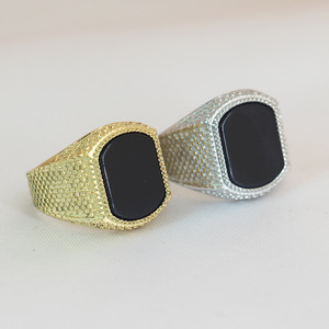 Bague géométrique pour homme en acier noir avec pierre, 12 mm, sertissage clos en or, bijou tendance, cadeau - Product Image 1