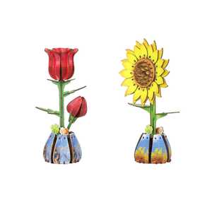 Puzzles en bois 3D avec fleurs pour adultes, kit de 2 fleurs en bois DIY avec 2 flacons de parfum et bâtonnets de diffuseur (rose + fleur de soleil) - Product Image 1