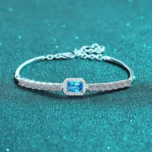 Classic Engagement Party Bracelet S925 Sterling Silver With VVS 1ct Blue Moissanite Emerald Cut Diamond Fine Jewelry For Women