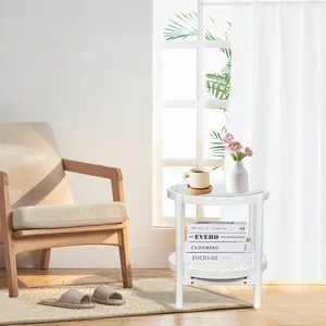 Mesa de madeira personalizada com 3 camadas de rattan redondo para mesas laterais de sofá sala de estar