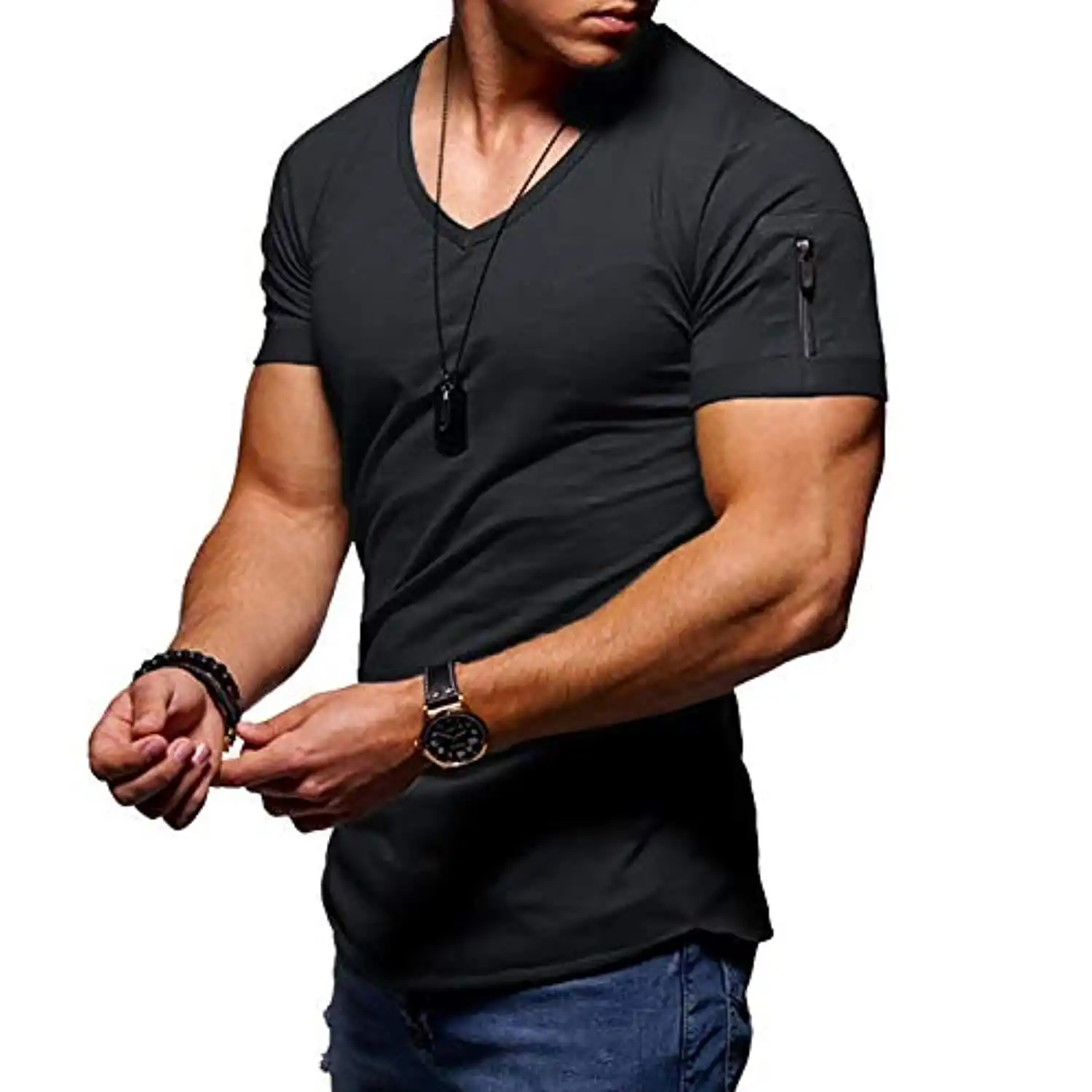 ShinesiaメンズTシャツプラスサイズ半袖ジッパーポケット付きVネック速乾性ジム因果カスタムOEM Tシャツ