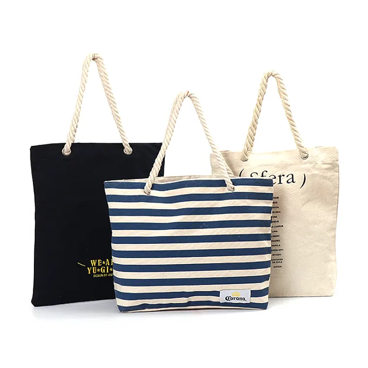 Оптовая продажа, популярные модные хлопковые сумки-тоуты в полоску, с принтом, тяжелая сумка для покупок, тканевая пляжная сумка с ручками из веревки