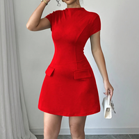 Robe Mini Vintage Élégante à Col Rond et Manches Volantes, Coupe Empire Slim, Décontractée, Style A-Line avec Poches, Idéale pour le Bureau et les Trajets Quotidien