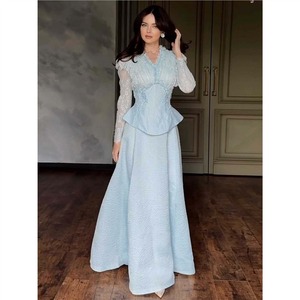 Women's Denim Two Piece Skirt Set Solid <b>Long</b> Sleeve V Neck Peplum Top Textured A-Line Maxi Skirt High Waist Vintage Leisure - Product Image 2