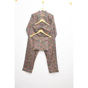 Antique Hand Block Print Pajama Set 100% Cotton <b>Three</b> <b>Quarter</b> Sleeve Turn-Down Collar Long <b>Pants</b> Sleepwear Casual Wear - Product Image 6