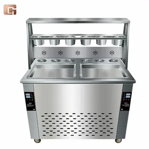 Doppel pfanne Thai Pan Ice cream Machine/Rühren Joghurt Fry Machine Roll Gebratene Eismaschine Mit 6 Topping Tanks und Staubs chutz