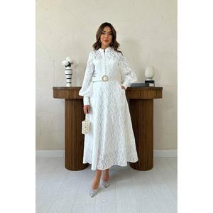 Robe longue élégante en organza blanc, col montant, style vintage, coupe trapèze, avec ceinture, respirante, pour soirée - Product Image 4