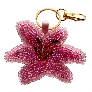 Pink Beaded Flower Keychain Cute Woven Bag <b>Charm</b> with Gold Hardware - Product Image 1