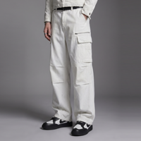 Pantalones Cargo Parachute de Pierna Ancha para Hombre, Blancos con Lavado Desgastado, Detalle de Cremallera, Bolsillos con Solapa, Cintura con Botones, Estilo Urbano, Logotipo Personalizado