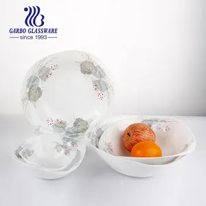 Opal glass tableware set 32pcs boat shape food serving bowl plate mug glassware set with decal printing hot selling dinnerware