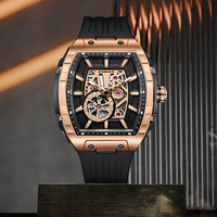 Montre mécanique automatique pour homme PINDU de haute qualité, couleur argent-noir, cadran 3D, résistante à l'eau, forme tonneau creuse