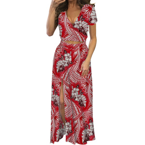 Verde polinesio Tribal Tapa ropa elegante hibisco flores mujeres Maxi vestido verano manga corta cuello en V vestido estampado bajo demanda - Product Image 5