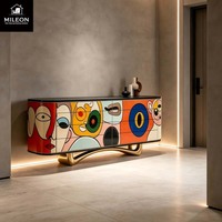 Table console d'art abstrait style Picasso, armoire colorée peinte à la main, base en métal doré, meuble de rangement de luxe pour hall d'entrée