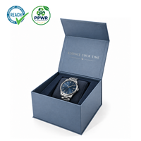 Boîte de luxe à fermeture magnétique en argent estampé haut de gamme, boîte rigide en carton bleu marine pour montre-bracelet, emballage cadeau pour bijoux