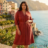 Robe chemise en lin Amalfi Italie sur mesure pour femme, ceinture à anneaux, quatre poches, manches 3/4, ODM, grandes tailles 40-54